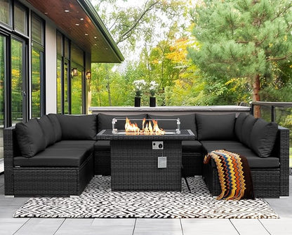 NICESOUL 9 Piece Modern Outdoor Furniture Set with Fire Pit Table, 8 Seat L-Shaped Extra Large Sectional Sofa Sets, 29.3'' High Back Comfy Modular Wicker Conversations, Natural Gas & Propane, Grey