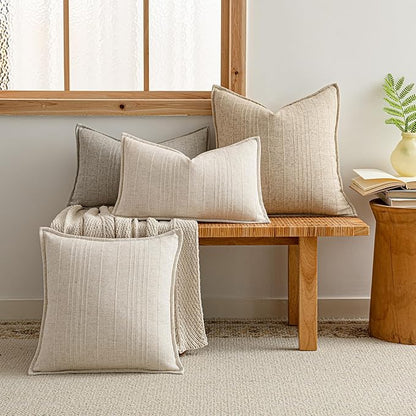 a moment Linen Pillow Covers Set of 2,Boho Farmhouse Throw Pillowcases Neutral Textured Decorative Covers for Couch Sofa Bed,Soft Linen Blend Accent Case Cushion Christmas Home Decor 20"x12"Ivory