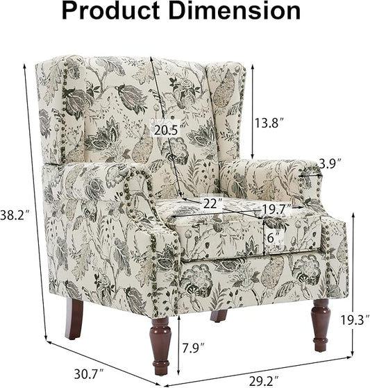 Pia Ricco High Back Floral Accent Chair - Retro Wingback Upholstered Armchair with Nailhead Trim, Solid Wood Legs, Fabric Living Room Bedroom Reading Chair (Plants Beige)