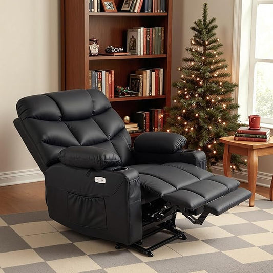 MCombo Oversized Power Lift Recliner Chair with Extended Footrest for Elderly People, Faux Leather R7289 (Black, Oversize)