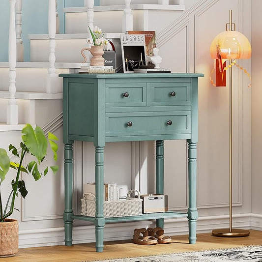 Knocbel Slim Antique Entry Console Table with 3 Drawers & Bottom Open Shelf, Solid Wood Narrow Sofa Couch Table for Entryway Hallway Living Room 23.7" W x 13" D x 31.4" H Light Blue