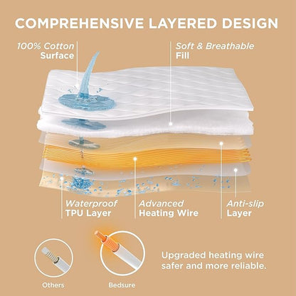 Bedsure Waterproof Heated Mattress Pad Full - Cotton Bed Warmer with Memory & Preheat Functions, 10 Heat Settings & 12 Hour Shut Off, Single Controller, Electric Mattress Pad Full, 54"x75"