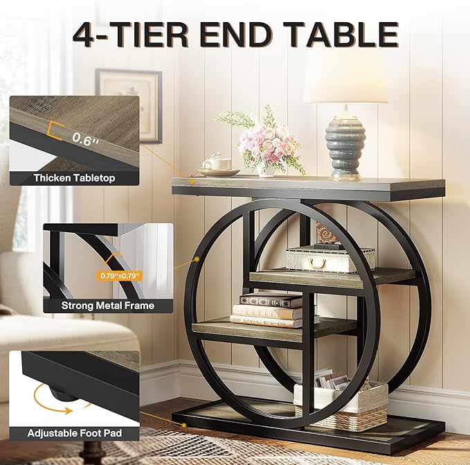 Tribesigns End Table Set of 2, 4-Tier Narrow Side Table with Storage Shelves, Wood Small Sofa Side Table with Geometric Metal Frame, Industrial Bedside Table for Bedroom, Living Room, Grey