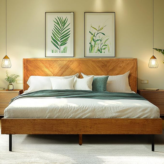 Acacia Alander King Bed Frame and Headboard Solid Wood Platform Bed, Scandinavian Signature Wood Bed Compatible with All Mattress Types, Bed Frame King Bedroom Furniture, Wood Slats Support, Walnut