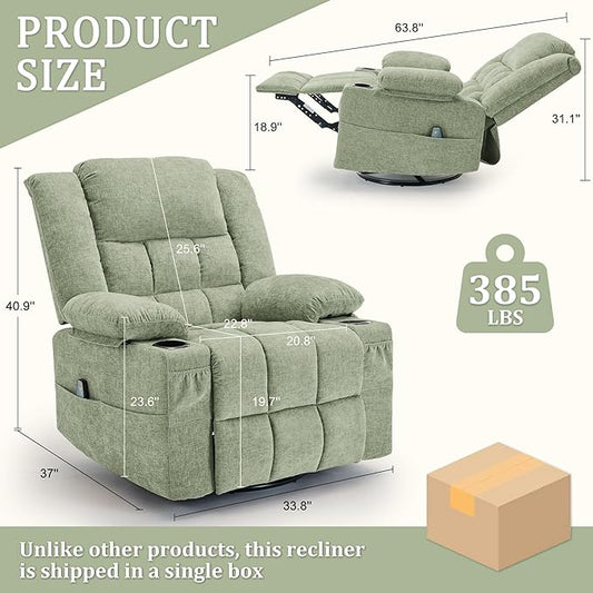 360° Swivel Rocker Recliner for Adults, Nursery Glider Recliner with Massage and Heating, Rocking Chair with Cup Holder, Manual Recliner Chair for Living Room, Bedroom (Fabric, Turquoise)