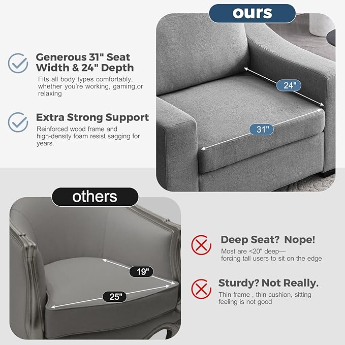 ABCASA 47" W Oversized Accent Chair Set of 2, Comfy Upholstered Sofa Chair with Large Seat and Wide Armrest, Pet-Friendly Modern Lounge Armchair for Living Room/Apartment/Bedroom, Premium Linen, Grey
