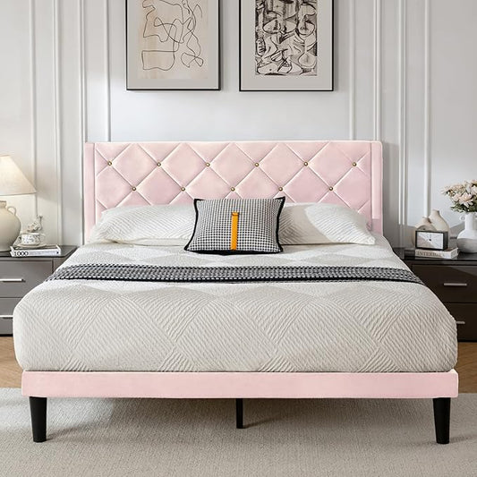 Queen Size Platform Bed Frame with Velvet Upholstered Headboard and Sturdy Wooden Slats Support,Mattress Foundation，Easy Assembly, No Box Spring Needed,Slip Resistant (Pink, Queen)