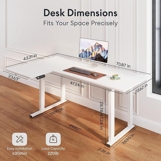 FLEXISPOT 4-Leg L-Shaped Standing Desk, 71 x 43 Inches Electric Height Adjustable Desk with Memory Controller, 220lb Load Capacity, Reversible L/R Corner Desk for Home Office, Gaming & Study, White