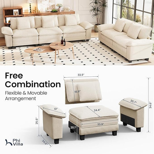 PHI VILLA Cloud Modular Couches Sets, 2 Pieces Sectional Sofa Set with Loveseat, 5-Seater Upholstered Couch for Living Room Small Spaces, Chenille Corduroy Dual Fabric, Beige