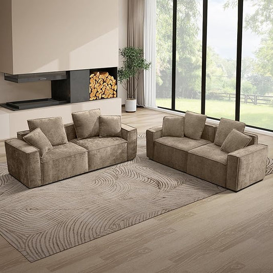 WILLOVE Modular Sectional Sofa Set, Chenille Cloud Couch with Wide Armrests & 8 Pillows, Deep Seat Couches for Living Room, 4-Seater Khaki