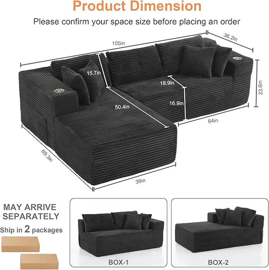 Modular Sectional Sofa, L Shaped Comfy Cloud Couch with Deep Seat, Boneless Couch for Living Room, Modern Sectional Sleeper with Chaise, No Assembly Required, Sofa in A Box, Black Corduroy
