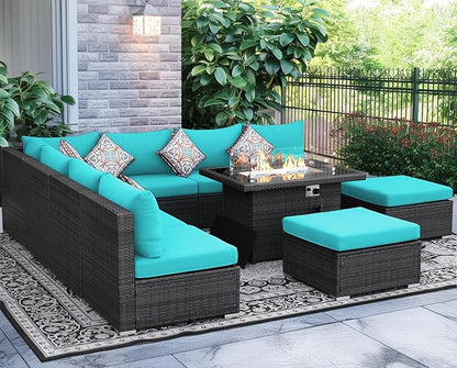 NICESOUL 10 Piece Modern Outdoor Furniture Set with Natural Gas/Propane Fire Pit Table, 29.3'' High-Back Extra Large Patio Sectionals with Firepit, Deep Wide All-Weather Rattan Sofas, Turquoise & Gray