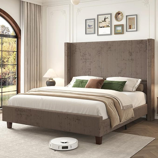 HOWE Queen Size 61" Corduroy Upholstered Bed Frame, Platform Bed with Vertical Stripe Wingback Headboard, No Box Spring Needed/Noise Free/Solid Wood Slats & Legs/Chestnut