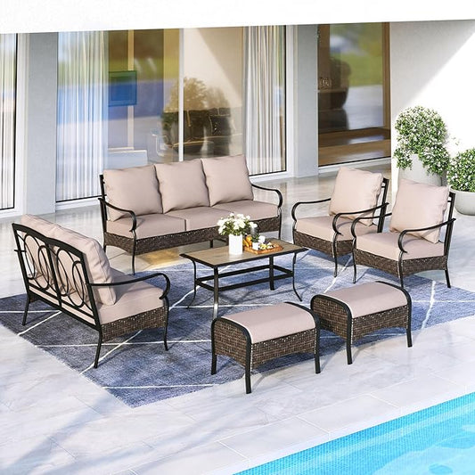 MFSTUDIO Outdoor Patio Furniture Set, 7 PCS Metal Patio Conversation Sets for 9, Patio Sectional Set with High Back 3-Seat Sofa, Loveseat, 2 Fixed Sofa Chairs, 2 Ottoman, 1 Coffee Table
