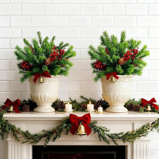 8PCS Artificial Pine Branches with Red Berry Pine Cones Artificial Needles Branches Greenery Stems Fake Greenery Floral Arrangements