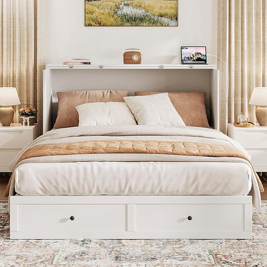 Queen Murphy Bed with Storage & Charging Station, Murphy Cabinet with Foldable Panel, Noisy Free, for Guest Bedroom, Living Room, Office, Distressed White