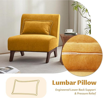 Upholstered Armless Accent Chair,Modern Comfy Living Room Chairs with Wooden Legs& Pillows,Lounge Sofa Side Chair for Bedroom Farmhouse Reading (Yellow, 1 PC)