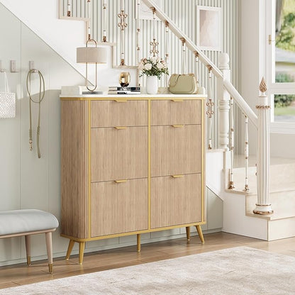 Fluted Shoe Storage Cabinet with 4 Flip Drawers & 2 Drawers, Freestanding Hidden Shoe Organizer with Adjustable Shelves, Wood Narrow Shoe Rack Cabinet for Entryway, Foyer, Hallway, Natural Oak