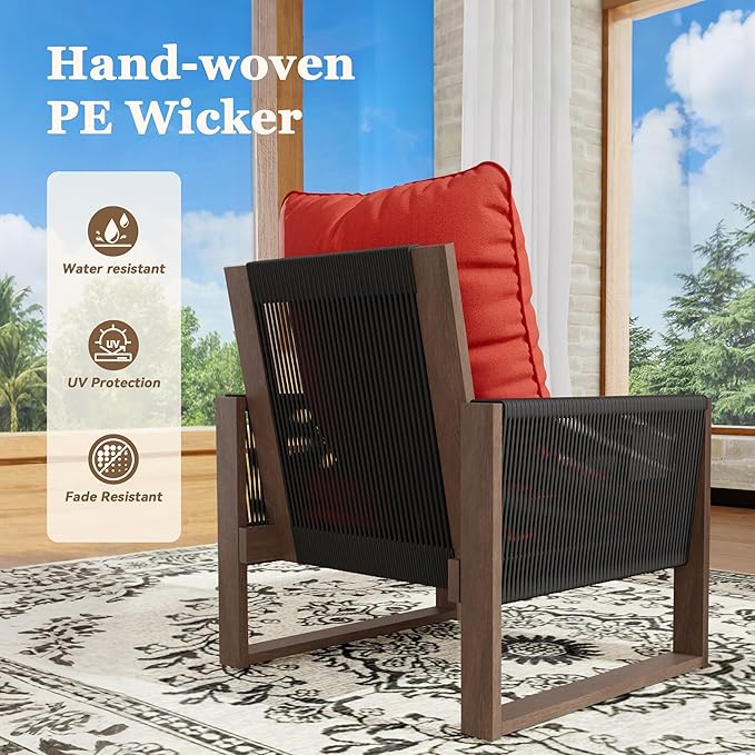 5 Piece Patio Bistro Chair Set with Ottoman, Wooden Outdoor Patio Furniture Set, Patio Wicker Chairs with Coffee Tables for Balcony Deck Backyard