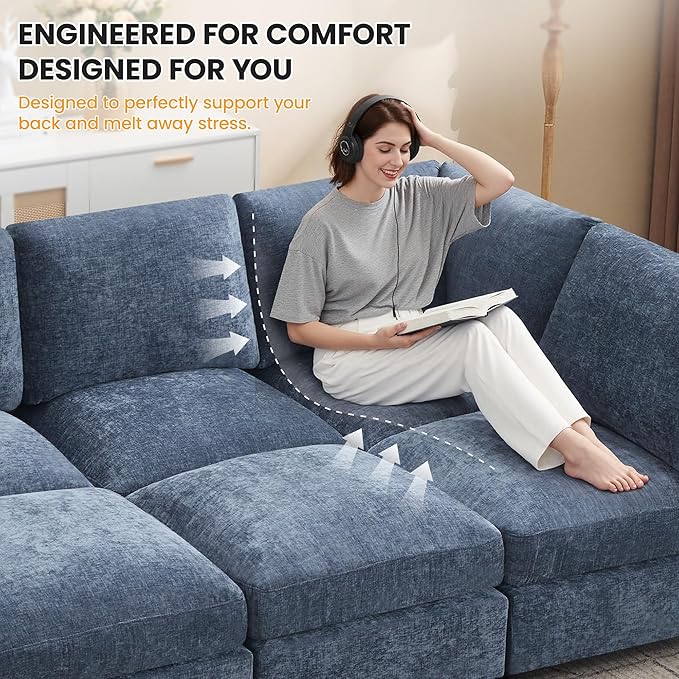 Modular Sectional Cloud Sofa Bed, 6-Seater Convertible Sofa Couch with Ottoman, Modern Deep Seat Sleeper Sofa for Living Room, Chenille Blue