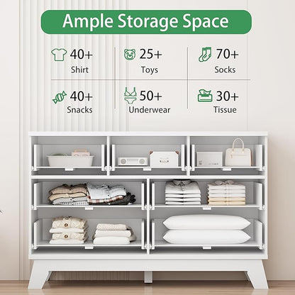 Fluted Dresser for Bedroom with 7 Drawers, 48" Wide Modern Chest of Drawers with Metal Handle, Wooden Dresser TV Stand, Wood Closet Clothes Storage Organizer for Living Room, Hallway, White