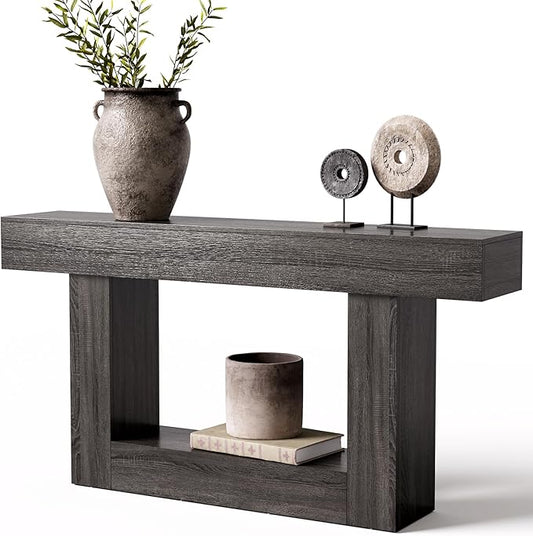 LITTLE TREE 63 Inches Long Console Table, 2-Tier Farmhouse Sofa Table Behind Couch, Large Narrow Entryway Table for Living Room, Wooden Hallway Foyer Table with Heavy Duty Base, Grey