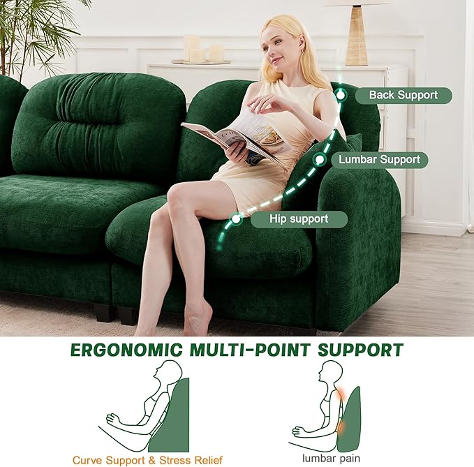 74" Loveseat L Shaped Sofa with Ottoman, Comfy Chenille Fabric Cloud Sectional Couch, Modern Upholstered Deep Seat Sofa with Armrest Pillow, Cloud Couch for Small Spaces Apartment, Green