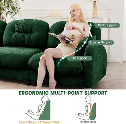 74" Loveseat for Living Room, Comfy Chenille Fabric Cloud Sectional Couch, Modern Upholstered Deep Seat Sofa with Armrest Pillow, Two Seater Couch for Small Spaces, Green