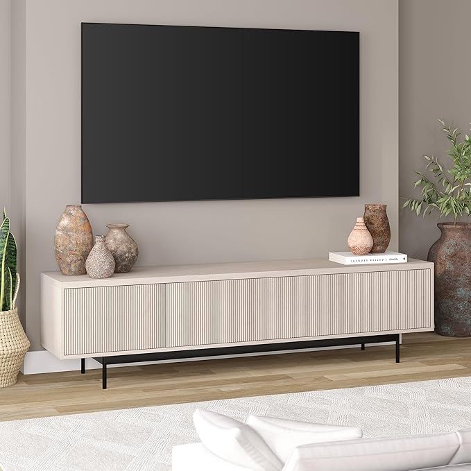 Henn&Hart Rectangular TV Stand for TV's up to 85" in Beech White, for Home, Living Room, Bedroom, Entertainment Room, Office