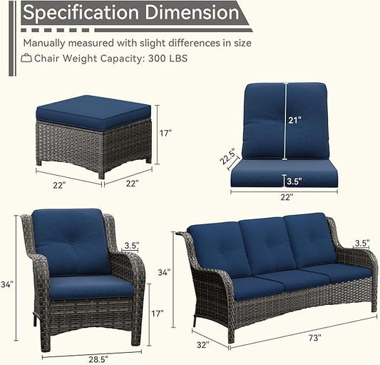Patio Conversation Set 5-PCS Wicker Outdoor Furniture Conversation Set with 3-Seat Sofa, 2 Armchair, 2 Ottoman Patio Rattan Wicker Sectional Sofa Set with Olefin Cushion, Blue