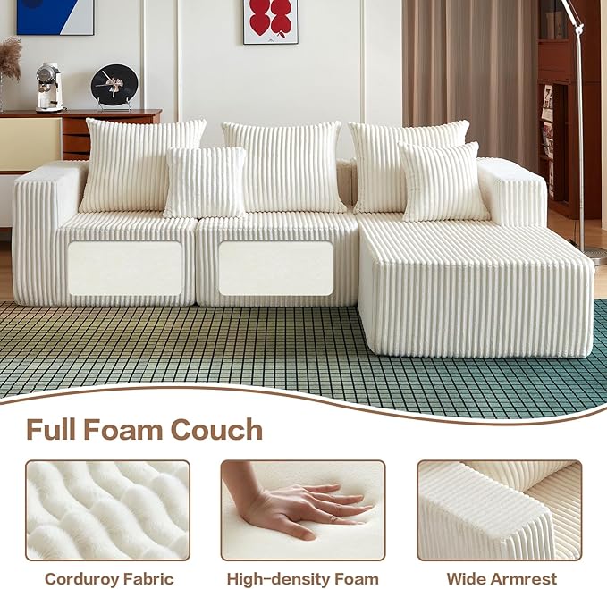 Cloud Couch Sectional, 101 Inch Modular Sectional Sofa with Deep Seat, Compressed Memory Foam Sofa in a Box, Beige Corduroy Boneless Couches for Living Room, No Assembly Required