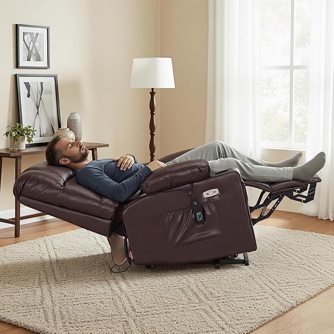MCombo Large Dual Motor Power Lift Recliner Chair for Elderly, Massage and Heat, Lay Flat, Zero Gravity, Home Button, USB Port, Faux Leather 7680 (Light Brown, Large)