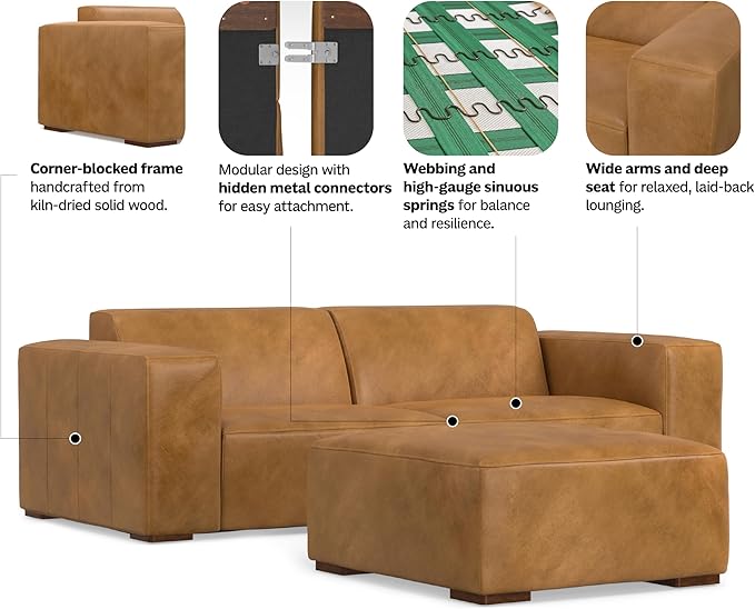 SIMPLIHOME Rex Modular Sofa and Ottoman Set in Full-Grain Genuine Leather, Sienna, 88-inch-Wide 2-Seater Leather Couch and Matching 34-inch-Wide Table Ottoman for Living Room