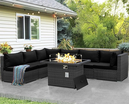 NICESOUL 7 Piece Outdoor Furniture Set with Fire Pit Table Natural Gas & Propane Convertible, 29.3'' High Back Extra Large Rattan Patio Modular Sectional Conversations, 2 Color Cushion Black & Gray