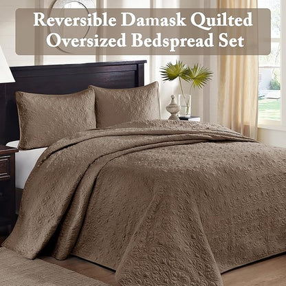 Madison Park Quebec Reversible Damask Design, Double Sided Quilting All Season, Lightweight Coverlet Bedspread Bedding Set, Matching-Shams, Queen(102"x118"), Mocha