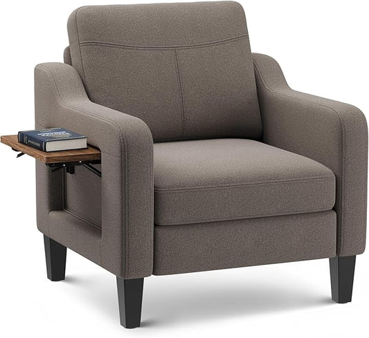 Accent Chair for Living Room Modern Linen Upholstered Armchair Side Wooden Fabric Sofa Chair with Foldable Table 2 Side Pockets Comfy Reading Chair for Bedroom