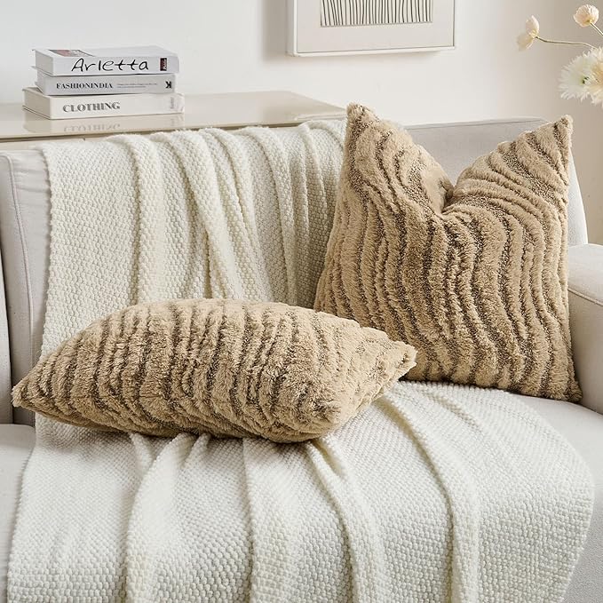 FUTEI Khaki Decorative Throw Pillow Covers 16x16 Inch Set of 2,Soft Faux Fur Geometric Shapes Texture Cushion Case,Boho Home Decor for Couch Bed Living Room