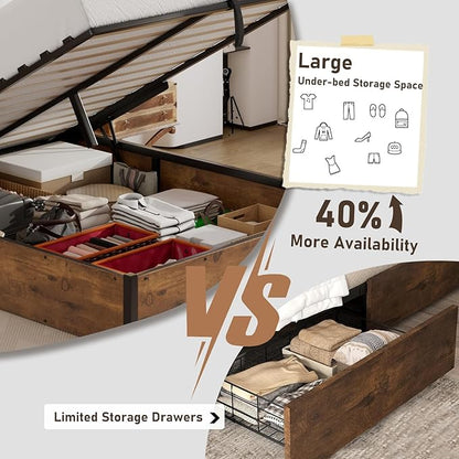 Lift Up Storage Bed Frame, King Size Wooden Platform Bed with Large Storage Underneath, No Box Spring Needed, Noise Free, Rustic Brown