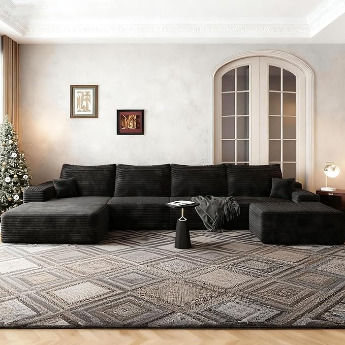 135.4" Large Cloud Modular Sectional Couch with Ottoman, Minimalist Upholstered Couches, Comfort U Shaped Sofa for Living Room,Deep Seat Corner Couch，No Assembly Required (Black,Left Facing Chaise)