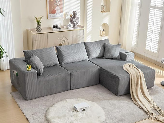 107" Cloud Sectional Couch, Modular Sectional Sofa with L-Shape Chaise, Corduroy Boneless Couch with Deep Seat, Upholstered Sofa for Living Room, No Assembly Required(Right-Facing Chaise, Dark Grey)