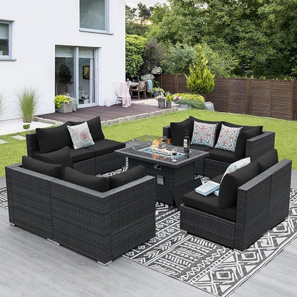 NICESOUL 9 Piece Outdoor Patio Sectional Furniture Set with Firepit Table Natural Gas/Propane, 29.3 High Back Comfy Conversations for Outside, 8 Seats Large Rattan Couch, 2 Color Cushion Black &Grey