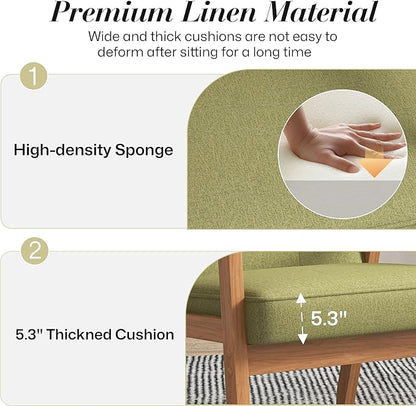 KCC Mid-Century Modern Linen Fabric Accent Chair, Upholstered Tufted Leisure Chair Comfy Reading Side Chair with Armrest and Solid Wood Frame for Living Room Bedroom Balcony(Green)