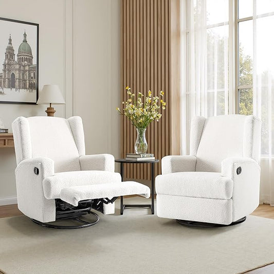 Boucle Swivel Glider Recliner Chairs Set of 2 for Adults - Plush High Back Rockers with Deep Seat, Coordinating Manual Recliners for Living Room, Luxury Upholstered Armchairs-White