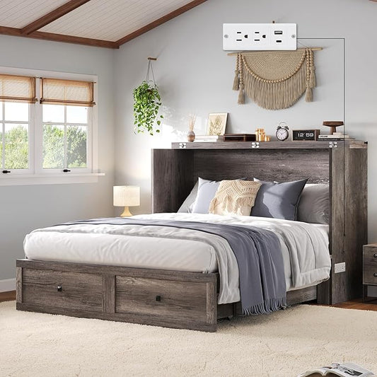 Full Murphy Bed Cabinet with Charging Station, Foldable Platform Bed Frame with Drawer, Space-Saving Guest Bed for Home Office or Small Spaces, Rustic Grey