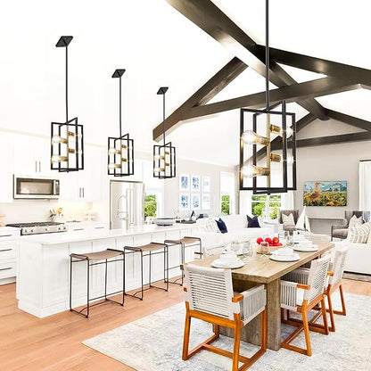 Black and Gold Chandelier Light Fixture: 4-Light Farmhouse Kitchen Island Lighting, Geometric Dining Room Light Fixtures, Rustic Industrial Entryway Chandelier, for Living Room, Bedroom, Foyer