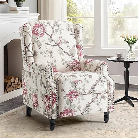 UIXE Pushback Floral Recliner Chair, Fabric Upholstered Armchair Push Back Accent Chair for Living Room, Rivet Trim Club Chair Home Theater Single Sofa Reading Seat - Beige Floral