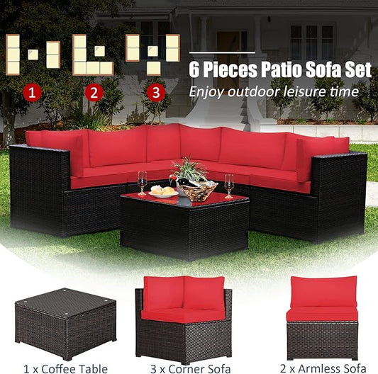 Tangkula 6 Pieces Patio Furniture Set, Outdoor Rattan Sofa Set, Wicker Conversation Set w/Tempered Glass Coffee Table & Cushions, Sectional Sofa Set for Backyard, Garden, Balcony, Poolside (Red)