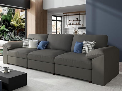EASE MOOSE 3 Seater Deep Seat Sectional Sofa, Scratch Resistant Faux Leather Material, Oversized Modular Couch for Living Room,Modern Comfy Sofas for Small Spaces,Grey