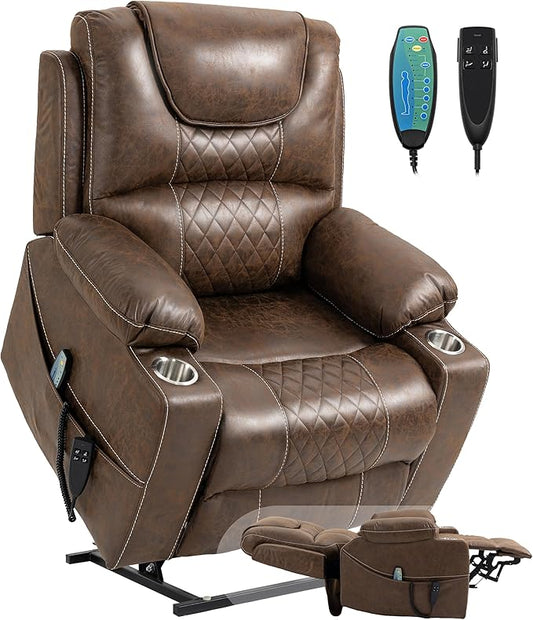 Large Power Lift Recliner Chair Sofa with Massage and Heat for Big and Tall Elderly,Infinite Positions,Dual Motor,Cup Holders,Extended Footrest,Air Leather Home Theater Seat