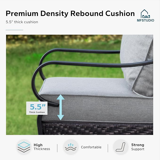 MFSTUDIO 5 PCS Outdoor Patio Furniture Set, Metal Outdoor Conversation Set, Rattan Wicker Patio Sectional Sofa Set with 2 x Rocking Single Sofa, 2-Seat and 3-Seat Sofa, 1 x Coffee Table, Grey
